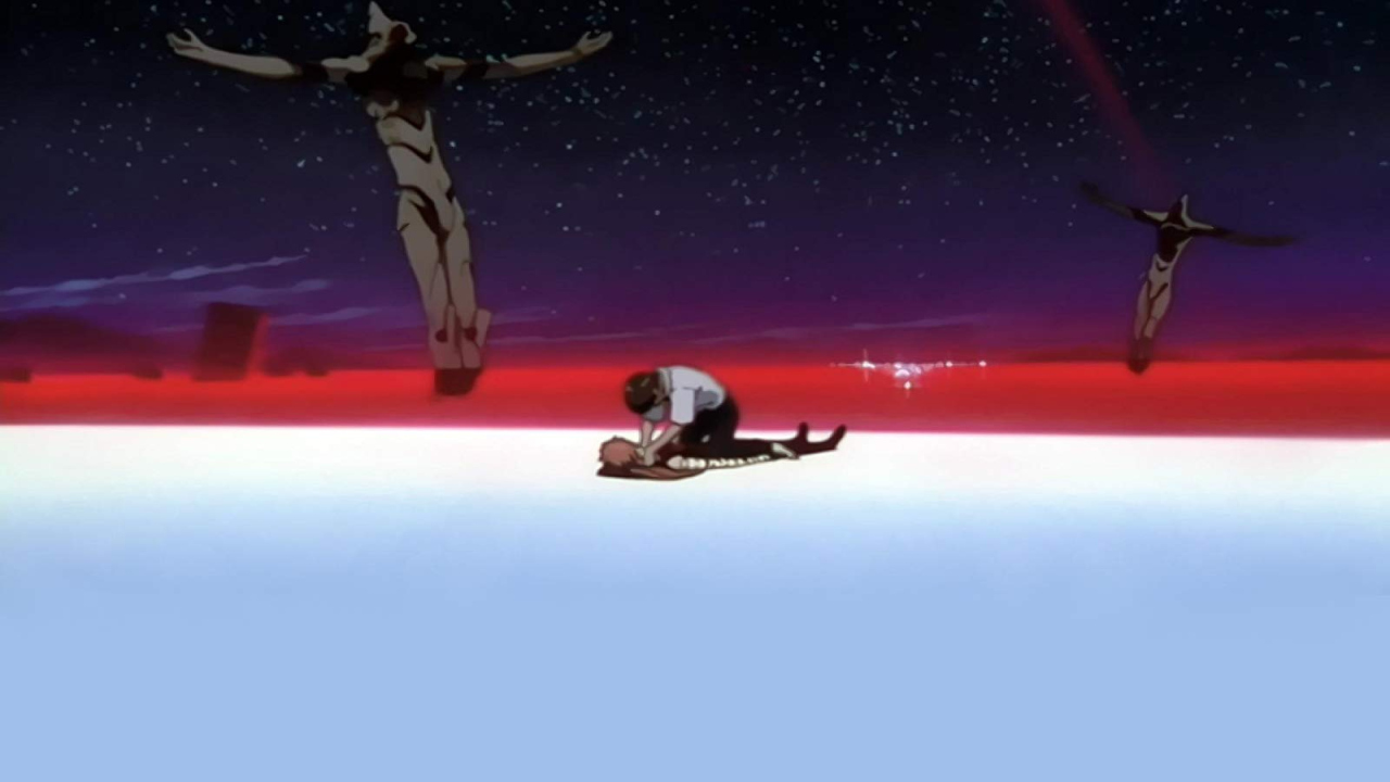 Scena finale di The End of Evangelion con Shinji e Asuka sulla spiaggia